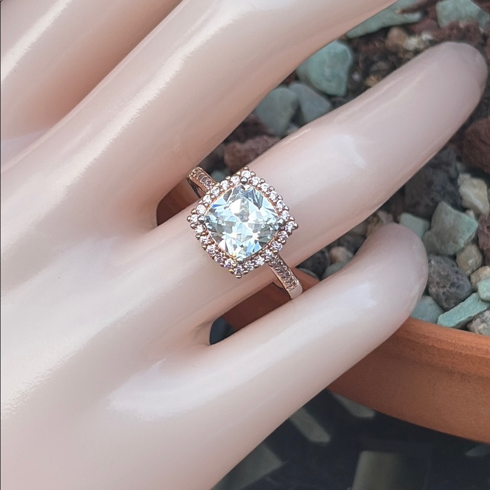 Cushion cut DIAMONDLITE® CZ Solitaire Pink Topaz Ring Rhodium/Brass Halo Size 7